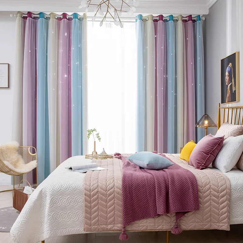 Cortinas opacas con estrellas huecas de arcoíris  guardería, dormitorio y sala de estar, ventana de doble capa.