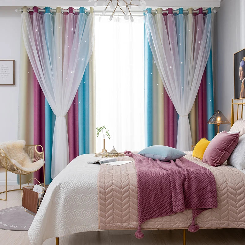 Cortinas opacas con estrellas huecas de arcoíris  guardería, dormitorio y sala de estar, ventana de doble capa.